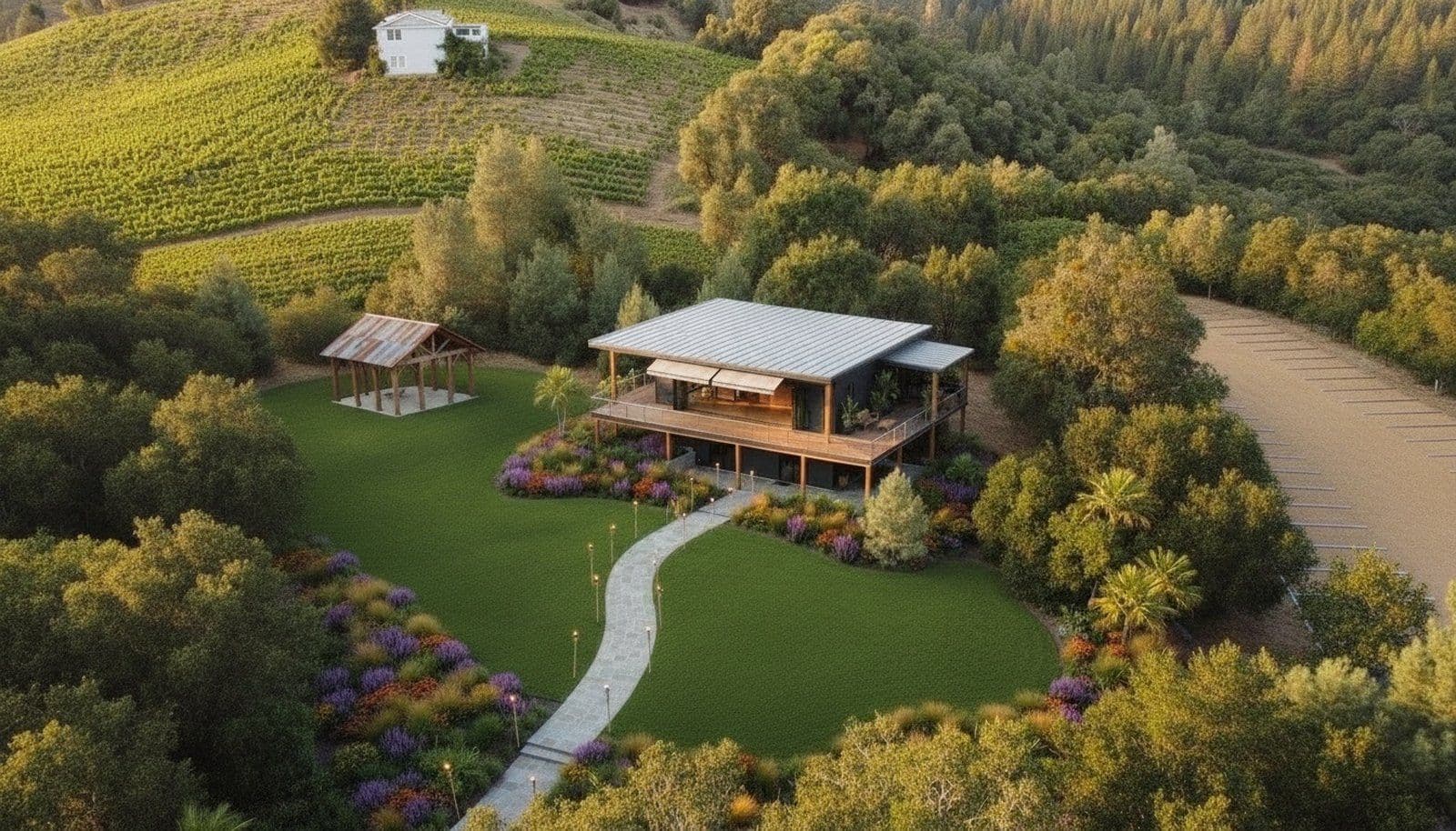 Concept rendering — aerial view of the tasting room and pavilion on the Polynesian Girl estate