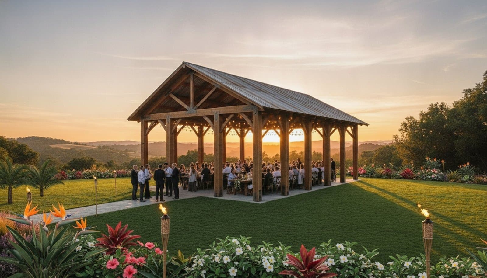 Concept rendering of the sunset pavilion at Polynesian Girl Winery, set for a wedding reception