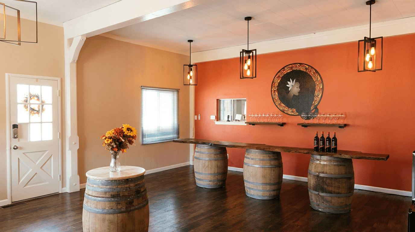 The Polynesian Girl tasting room — live-edge bar on wine barrels, glasses on the back wall, and the painted Polynesian Girl mural