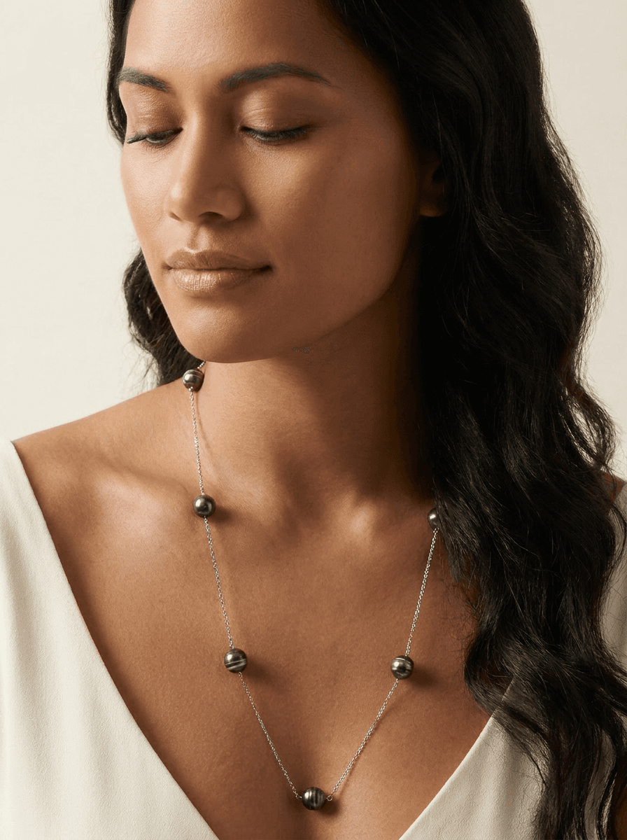 Tahitian Black Pearl Necklace — worn on model