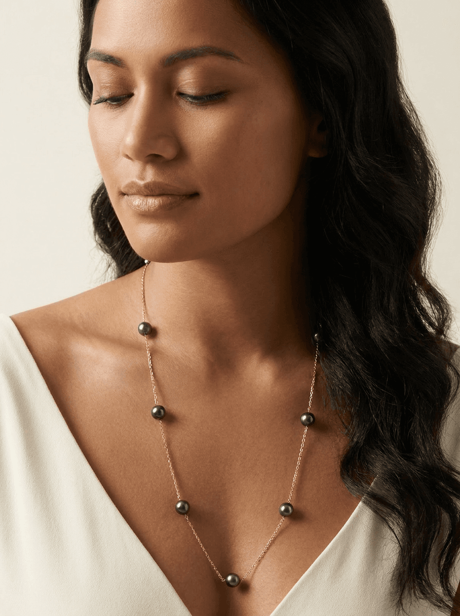 Tahitian Black Pearl Necklace — worn on model