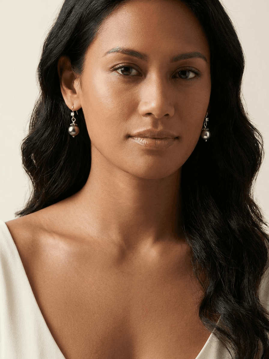 Silver Tahitian Pearl Earrings — worn on model