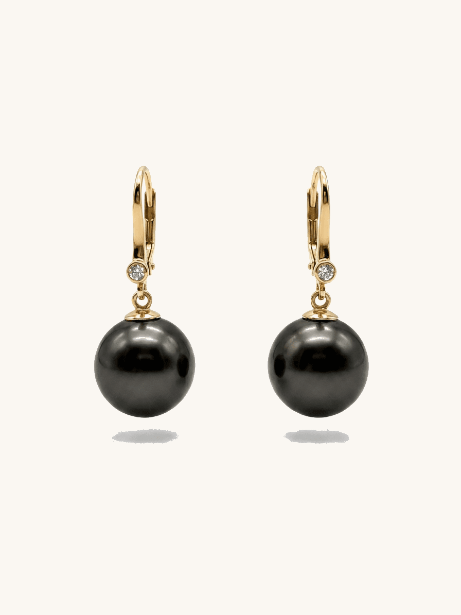 14k Gold, Diamond & Tahitian Black Pearl Earrings