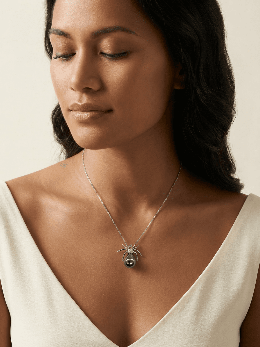 Silver Spider & Tahitian Pearl Pendant Necklace — worn on model
