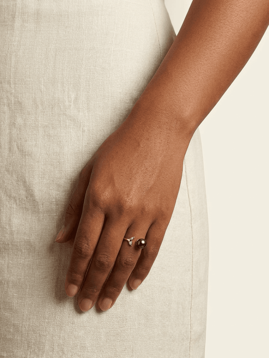 Tahitian Black Pearl & Whale Tail Ring — worn on model