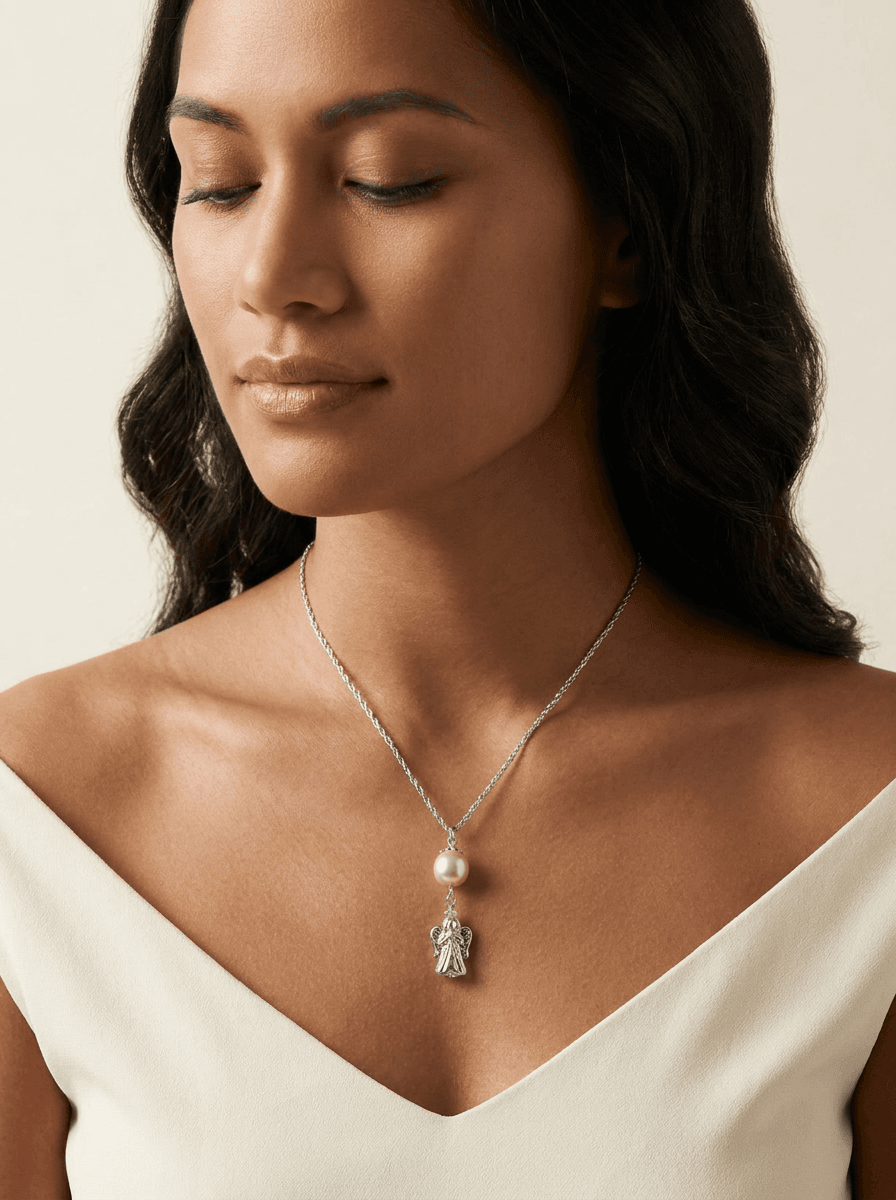 Tahitian Pearl & Angel Pendant Necklace — worn on model