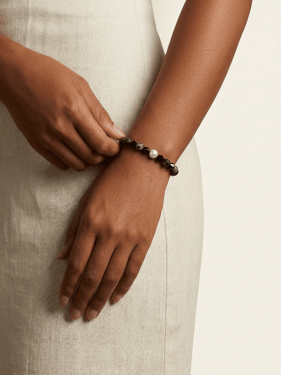 Freshwater Pearl, Gray Stone & Crystal Bracelet — worn on model