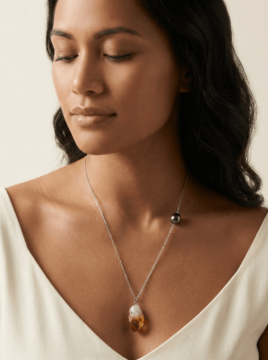 Tahitian Pearl & Crystal Necklace — worn on model