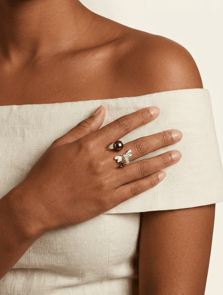 Bumble Bee & Tahitian Black Pearl Ring — worn on model