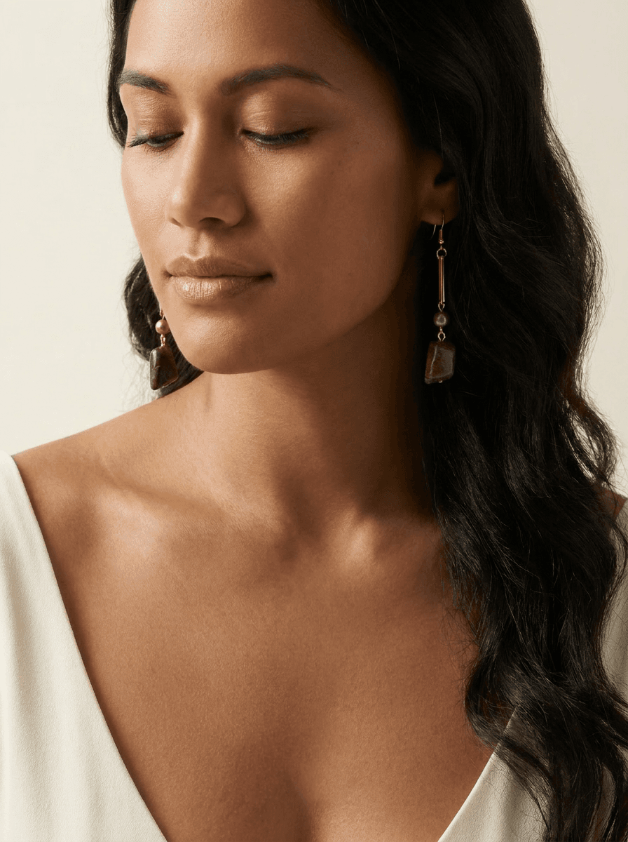 Tahitian Pearl & Stone Drop Earrings — worn on model