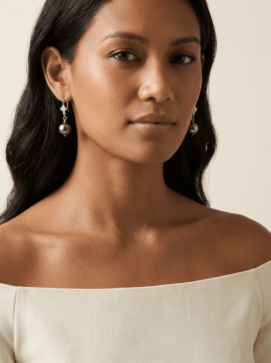 Tahitian Black Pearl Earrings — worn on model