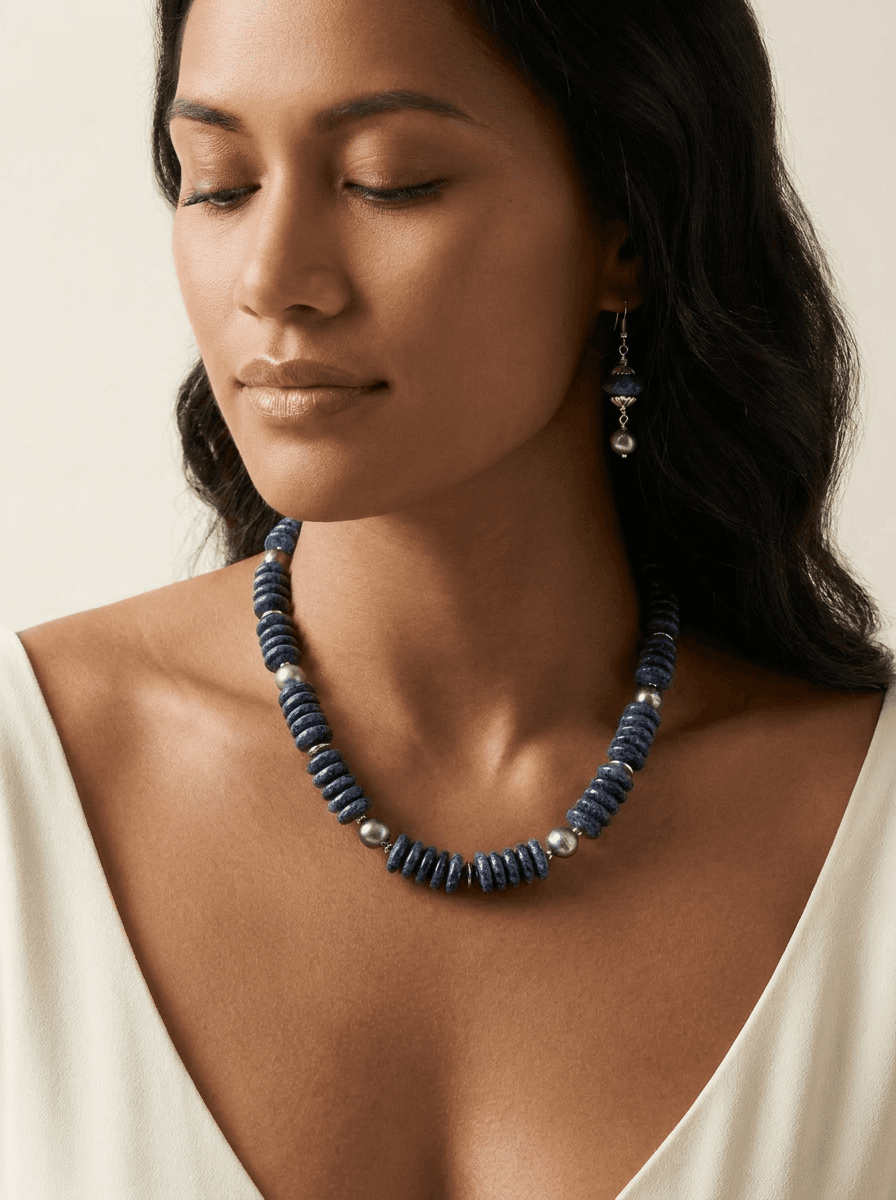 Tahitian Black Pearl & Blue Stone Jewelry Set — worn on model