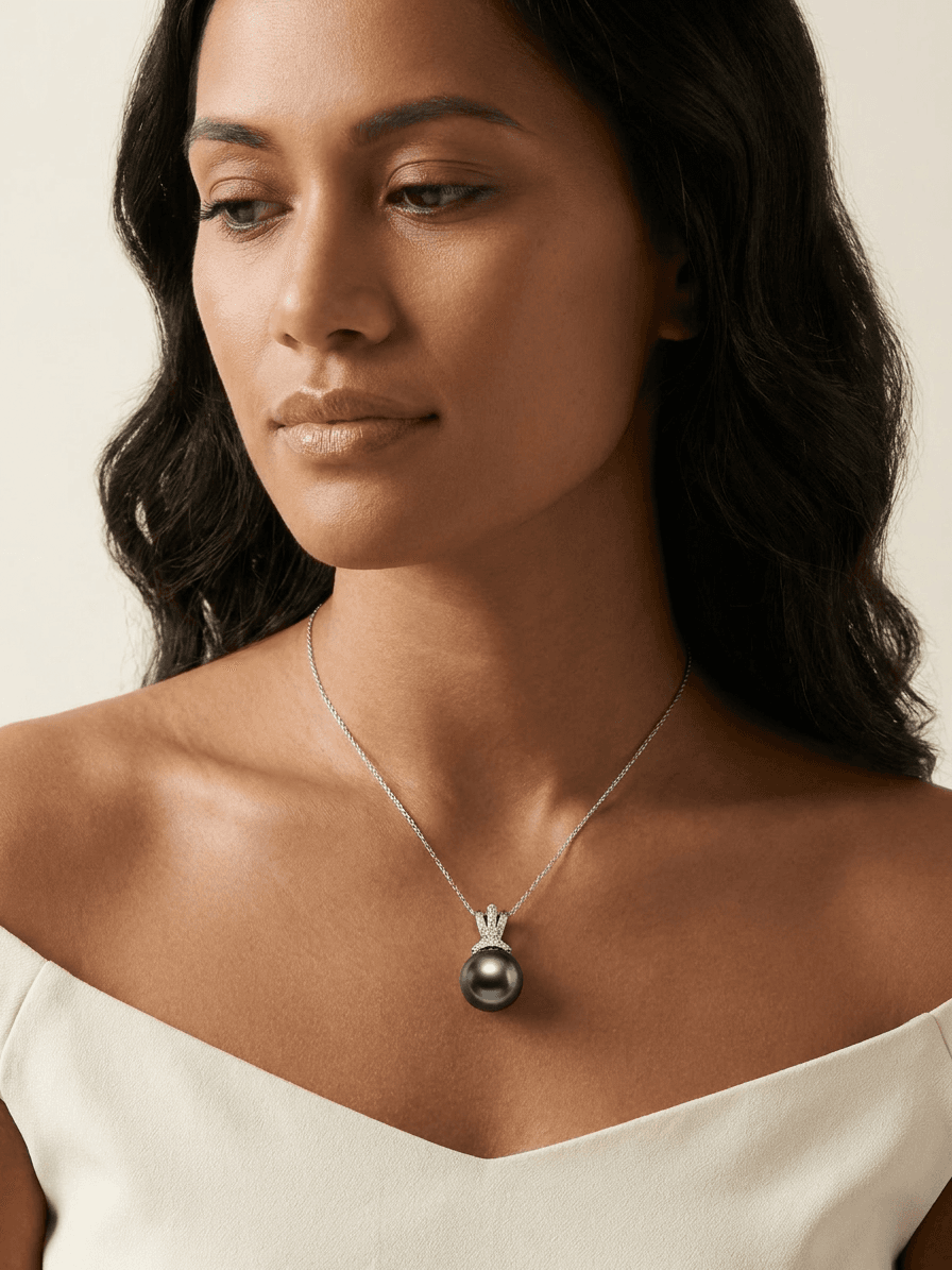 White Gold, Diamond & Tahitian Black Pearl Necklace — worn on model
