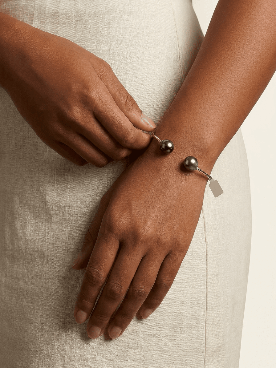Silver Two Tahitian Pearl Cuff Bracelet — worn on model