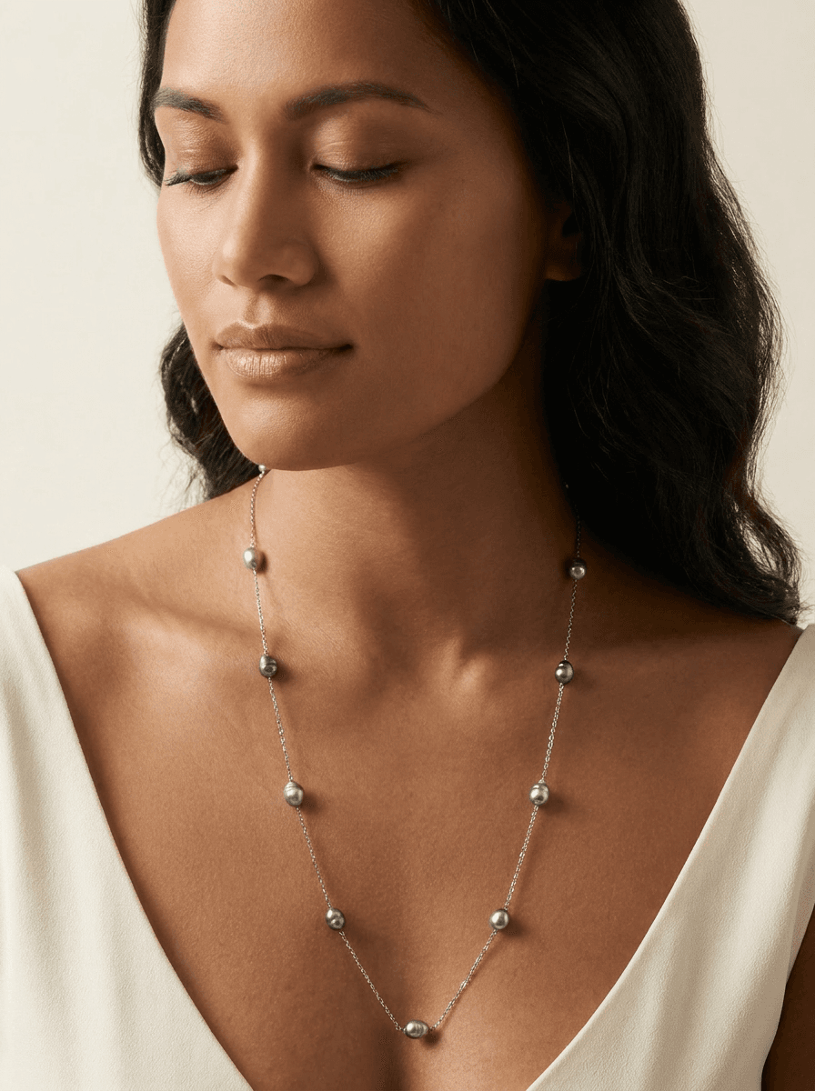14 Tahitian Pearl Necklace with Back Clasp — worn on model
