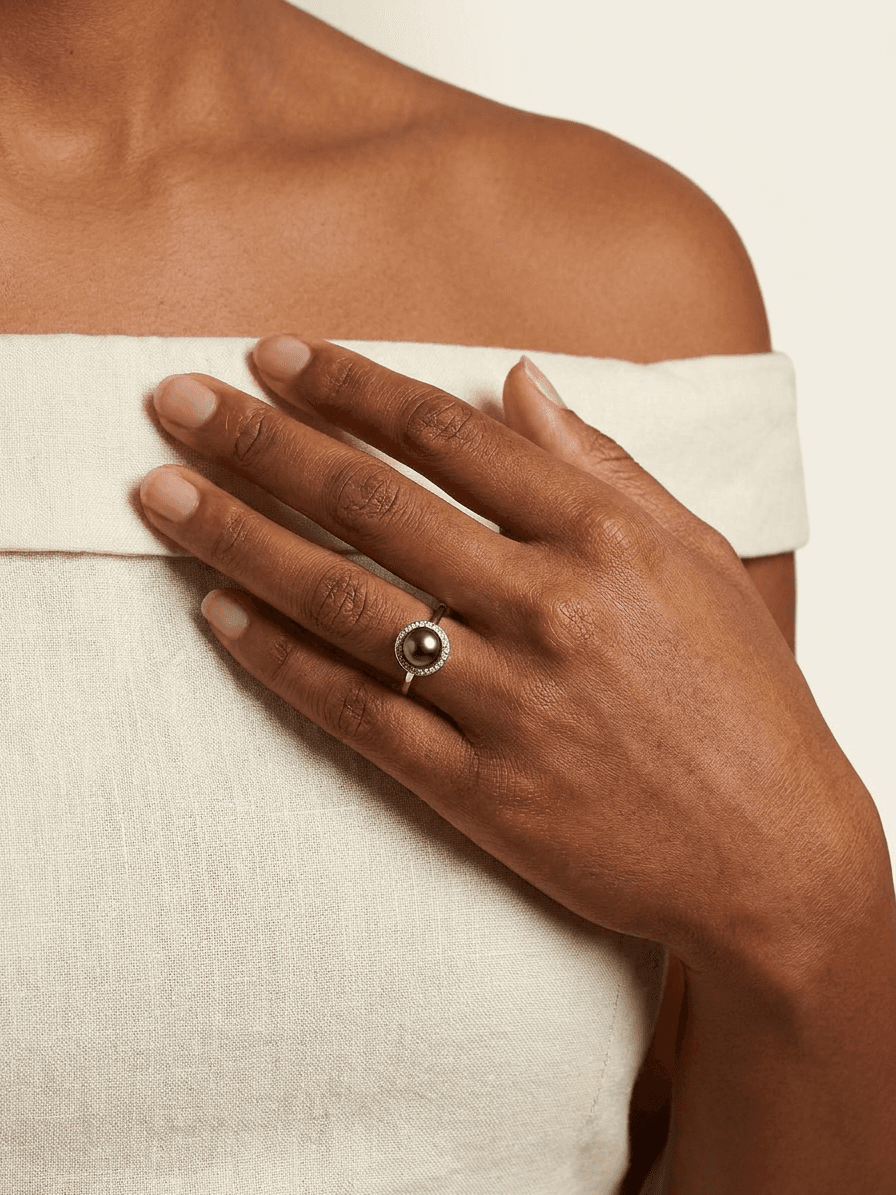 Silver Single Tahitian Pearl Ring — worn on model
