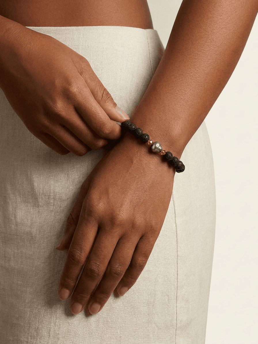 Single Tahitian Pearl & Black Stone Bracelet — worn on model