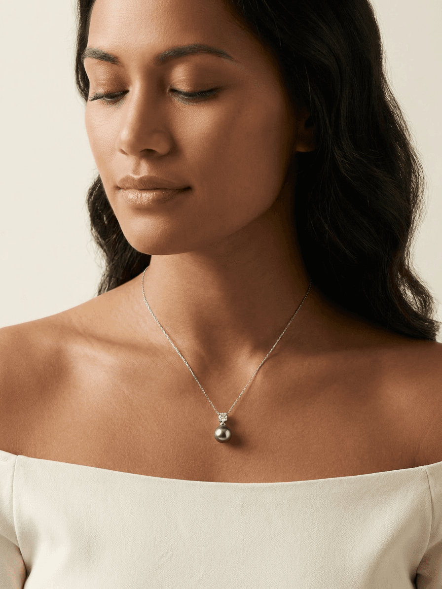 Silver Tahitian Pearl & Crystal Pendant Necklace — on model