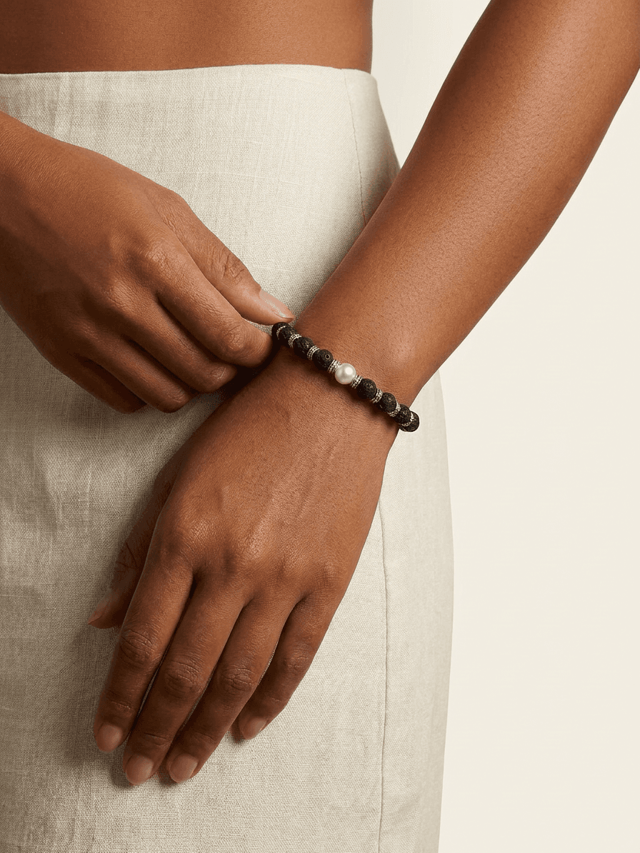 Silver Tahitian Pearl & Black Stone Bracelet — worn on model