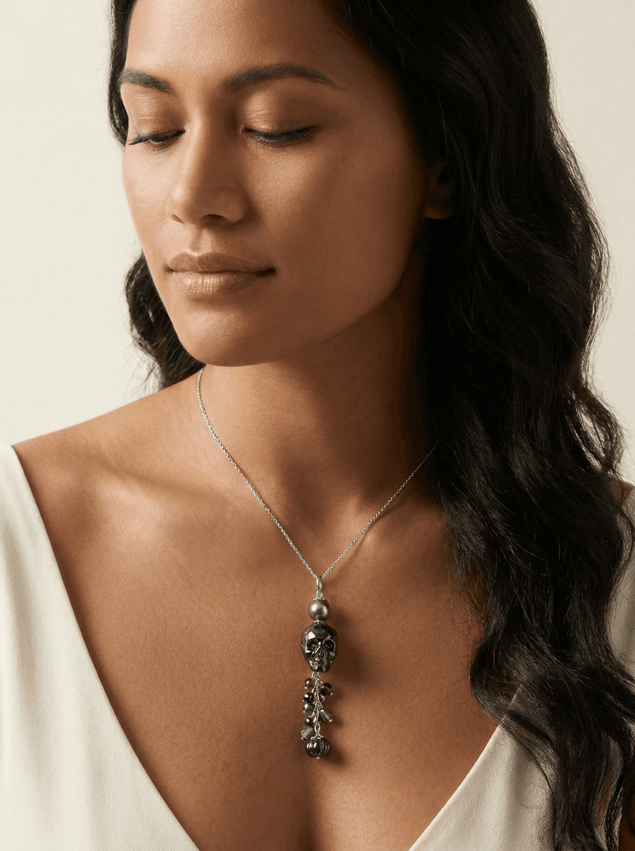 Tahitian Pearl & Skull Silver Necklace — worn on model