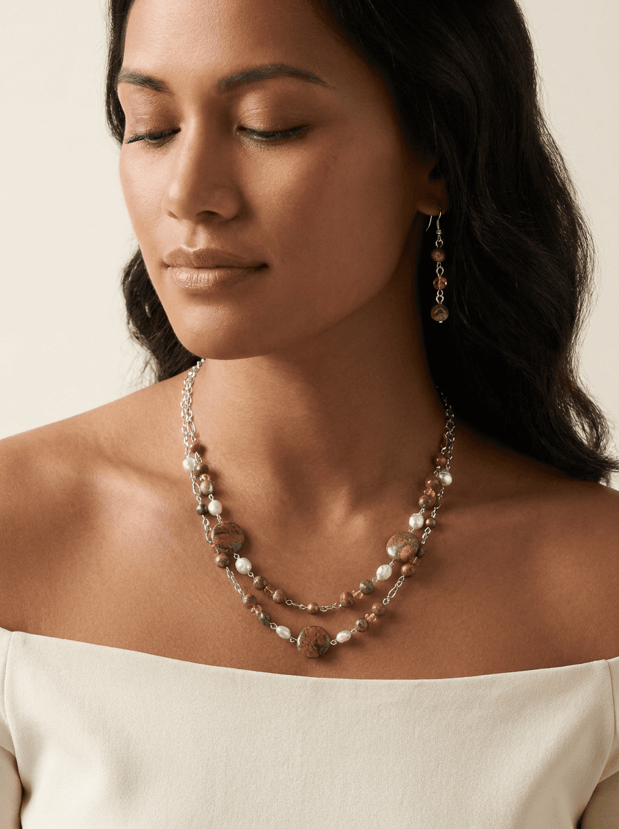 Olive Rhyolite Beads — worn on model
